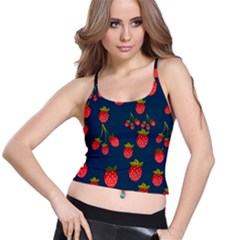 Strawberry Texture, Blue Background With Strawberries Spaghetti Strap Bra Top by kyorashop23