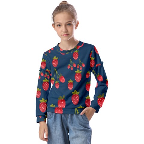 Strawberry Texture, Blue Background With Strawberries Kids  Long Sleeve T-shirt With Frill  by kyorashop23