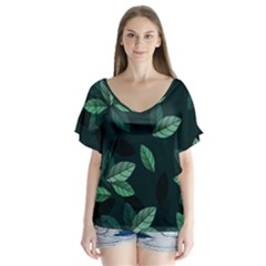 Foliage V-neck Flutter Sleeve Top by HermanTelo