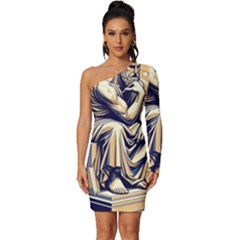 Thinker Sculpture Design Geometric Long Sleeve One Shoulder Mini Dress by Salmanaz77