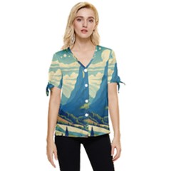 Mountains Nature Forest Landscape Bow Sleeve Button Up Top by Salmanaz77