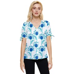 Blue Daisy Minimalist Leaves   Bow Sleeve Button Up Top by ConteMonfrey
