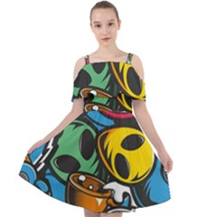 Funky Alien Pattern Abstract Colourful Drawing Cut Out Shoulders Dress by Posterlux