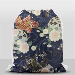 Japanese Wave Koi Illustration Pattern Drawstring Bag (small) by Ndabl3x
