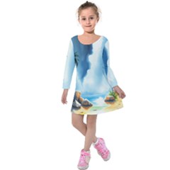 Delicate Watercolor Painting Surreal Oasis Scene With Intense Dramatic Lighting Kids  Long Sleeve Velvet Dress by pollyparadiseartshop