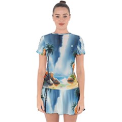 Delicate Watercolor Painting Surreal Oasis Scene With Intense Dramatic Lighting Drop Hem Mini Chiffon Dress by pollyparadiseartshop