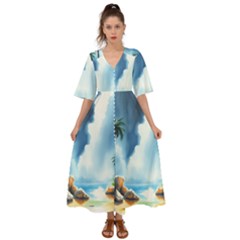 Delicate Watercolor Painting Surreal Oasis Scene With Intense Dramatic Lighting Kimono Sleeve Boho Dress by pollyparadiseartshop