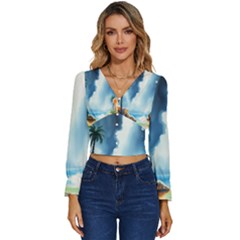 Delicate Watercolor Painting Surreal Oasis Scene With Intense Dramatic Lighting Long Sleeve V-neck Top by pollyparadiseartshop