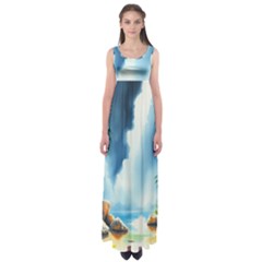 Delicate Watercolor Painting Surreal Oasis Scene With Intense Dramatic Lighting Empire Waist Maxi Dress by pollyparadiseartshop