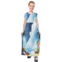 Delicate Watercolor Painting Surreal Oasis Scene With Intense Dramatic Lighting Kids  Short Sleeve Maxi Dress by pollyparadiseartshop