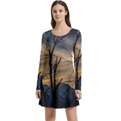 Tree Silhouette At Border Of Nahuel Haupi Lake, Rio Negro, Argentina Long Sleeve Velour Skater Dress by dflcprintsclothing