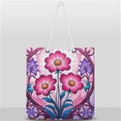 Fantasy Pink Flowers Stained Glass Full Print Rope Handle Tote (large) by Grandong