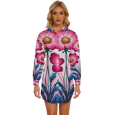 Fantasy Pink Flowers Stained Glass Womens Long Sleeve Shirt Dress by Grandong