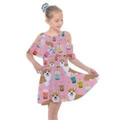 Corgi Bubble Boba Tea Pink Pattern Kids  Shoulder Cutout Chiffon Dress by Salmanaz77