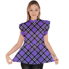 Blue Tartan Plaid 1 Diagonal Ruffle Collar Short Sleeve Chiffon Top by dressshop