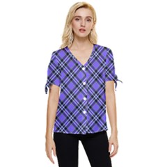 Blue Tartan Plaid 1 Diagonal Bow Sleeve Button Up Top by dressshop