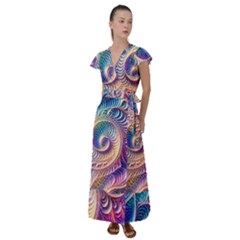 Abstract Fractal Art Swirl Pattern Flutter Sleeve Maxi Dress by Salmanaz77