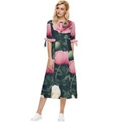 Poppy Flower Plant Petals Bloom Bow Sleeve Chiffon Midi Dress by Grandong