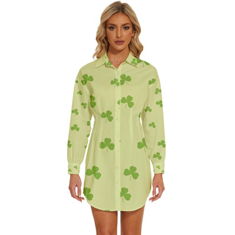 Green Leaves Pattern Womens Long Sleeve Shirt Dress by designsbymallika