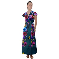 Falling Flowers, Art, Coffee Cup Flutter Sleeve Maxi Dress by kyorashop23
