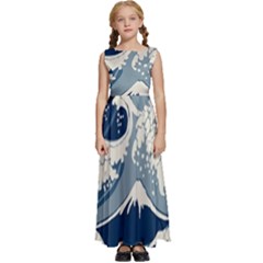 Japanese Wave Pattern Kids  Satin Sleeveless Maxi Dress by Cemarart