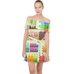 Supermarket Shelf Products Snacks Off Shoulder Chiffon Dress by Cemarart