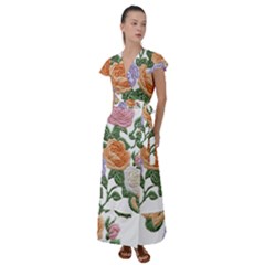 Embroidery Roses Floral Design Flutter Sleeve Maxi Dress by Sabxi