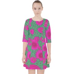 Mid Century Retro Floral 1970s 1960s Pattern 97 Quarter Sleeve Pocket Dress by violetheavensky