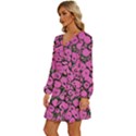 Mid Century Retro Floral 1970s 1960s Pattern 100 Long Sleeve Waist Tie Ruffle Velvet Dress View2