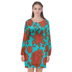 Mid Century Retro Floral 1970s 1960s Pattern 103 Long Sleeve Chiffon Shift Dress  by violetheavensky