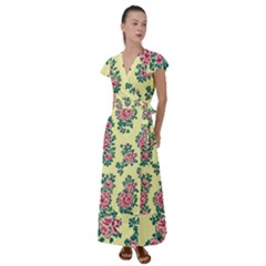 Retro 1880s Flowers Pattern 8 Flutter Sleeve Maxi Dress by violetheavensky