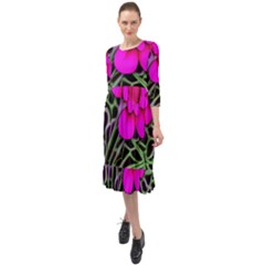 Mid Century Retro Floral 1970s 1960s Pattern 99 Ruffle End Midi Chiffon Dress by violetheavensky