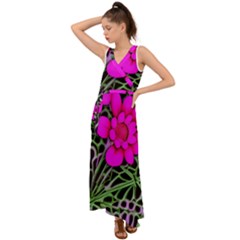 Mid Century Retro Floral 1970s 1960s Pattern 99 V-neck Chiffon Maxi Dress by violetheavensky