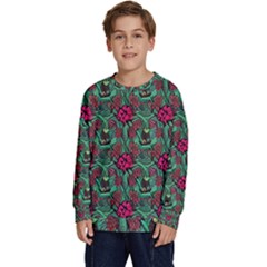 Retro 1880s Flowers Pattern 3 Kids  Crewneck Sweatshirt by violetheavensky