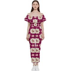 Retro 1880s Flowers Pattern Bardot Ruffle Jumpsuit by violetheavensky