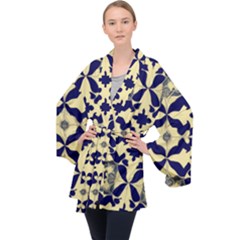 Royal Fractal Pattern 3 Long Sleeve Velvet Kimono  by violetheavensky