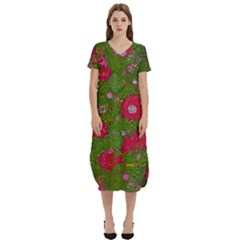Mid Century Retro Floral 1970s 1960s Pattern 88 T-shirt Midi Dress With Pockets by violetheavensky