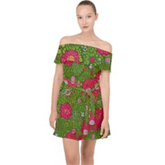 Mid Century Retro Floral 1970s 1960s Pattern 88 Off Shoulder Chiffon Dress by violetheavensky