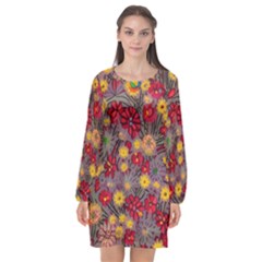 Mid Century Retro Floral 1970s 1960s Pattern 90 Long Sleeve Chiffon Shift Dress  by violetheavensky