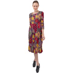 Mid Century Retro Floral 1970s 1960s Pattern 90 Ruffle End Midi Chiffon Dress by violetheavensky