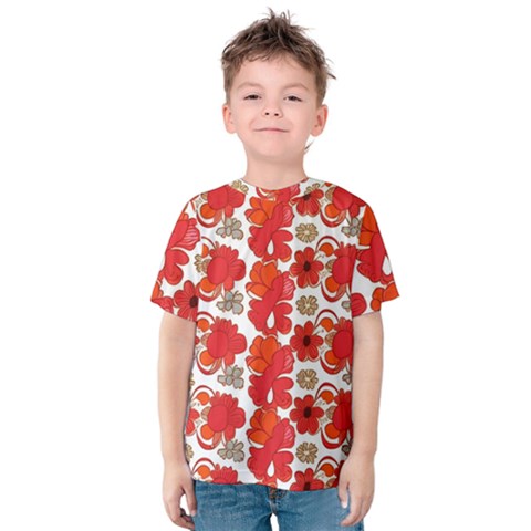 Mid Century Retro Floral 1970s 1960s Pattern 91 Kids  Cotton T-shirt by violetheavensky