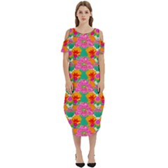 Retro 40s 50s Mexico Flowers Pattern Cold Shoulder Loose Fit Dress With Pockets by violetheavensky