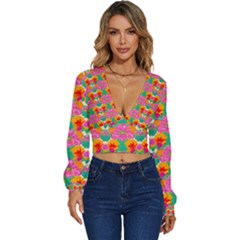 Retro 40s 50s Mexico Flowers Pattern Long Sleeve Deep-v Velour Top by violetheavensky