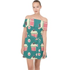Retro 40s 50s Cupcake Pattern 2 Off Shoulder Chiffon Dress by violetheavensky