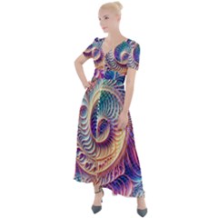 Abstract Fractal Art Swirl Pattern Button Up Short Sleeve Maxi Dress by Salmanaz77