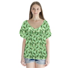 Leaves Pattern Texture Seamless V-neck Flutter Sleeve Top by Hannah976