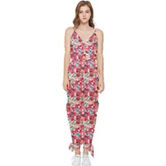 Red Flowers Sleeveless Tie Ankle Chiffon Jumpsuit by DinkovaArt