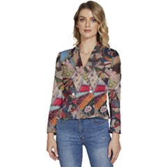 Background Embroidery Pattern Stitches Abstract Women s Long Sleeve Revers Collar Cropped Jacket by Ket1n9