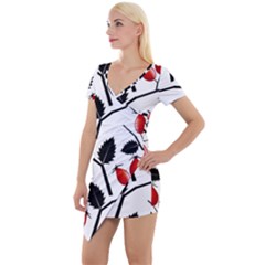Rose Hip Pattern Branches Autumn Short Sleeve Asymmetric Mini Dress by Hannah976