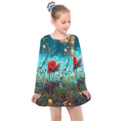 Flowers Detail Painting Nature Kids  Long Sleeve Dress by Anend